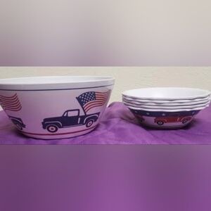 Set Of 6 Melamine Dinner Salad Bowls Red White Blue American Theme